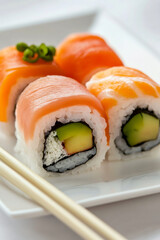 Sushi rolls on a white plate isolated on white background