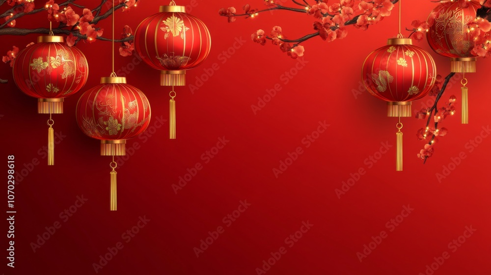Poster a red background with four red lanterns hanging from a tree