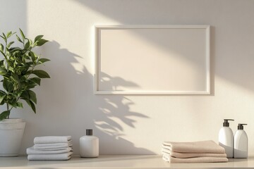 An empty rectangular white frame rests on a light-colored wall, surrounded by neatly stacked towels, a bottle, and a potted plant, creating a serene and organized atmosphere.