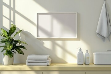 Fototapeta premium A rectangular white frame mockup is displayed on a soft-colored wall, surrounded by folded towels, toiletries, and a potted plant, creating a serene, welcoming atmosphere in the room.