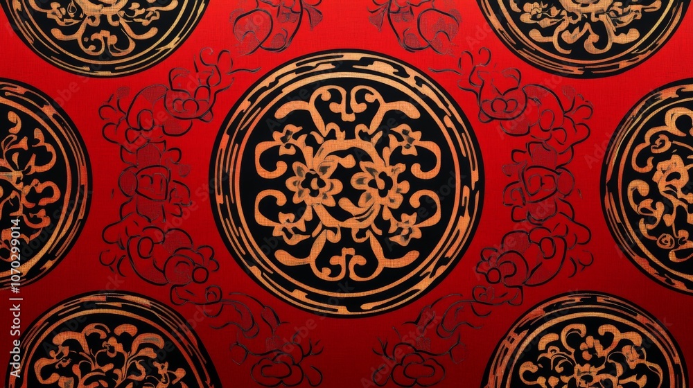 Poster a red and black patterned background with a circle in the center