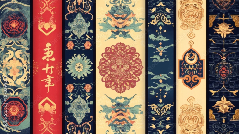 Poster a series of colorful patterns with chinese characters on them