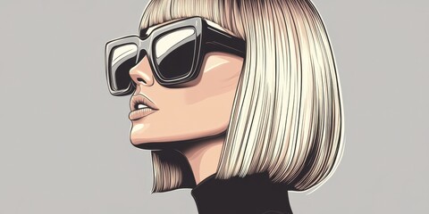 elegant Women with slim long face, very light straight bob hair, very light skin, standing sideways, komix portret, big rectangular sunglasses 