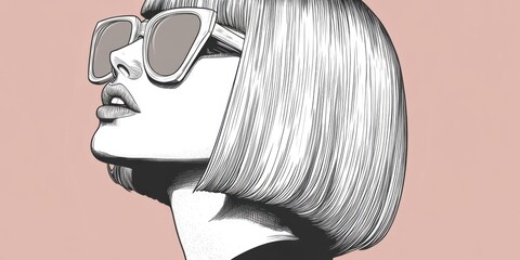  elegant Women with slim long face, very light straight bob hair, very light skin, standing sideways, komix portret, big rectangular sunglasses