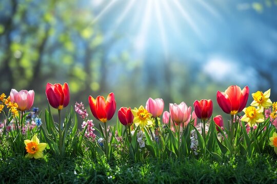 Colorful tulip and daffodil garden blooming under a bright blue sky during springtime