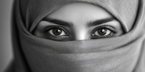 Naklejka premium Close-up view of a lovely lady wearing a hijab, jilbab, niqab, and scarf covering her face, revealing only her beautiful eyes. Suitable for incorporating design elements. Black and white with grain.
