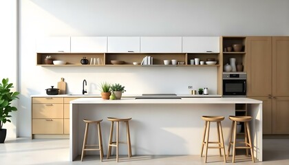 A modern, minimalist kitchen with white cabinets, wooden accents, and a marble countertop. The kitchen features open shelving, a sink, and two wooden stools at the counter