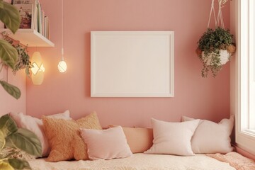 A spacious corner showcases a white square frame mockup on a soft pink wall, accompanied by comfortable cushions and hanging plants, creating a warm and inviting atmosphere for relaxation.