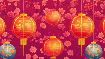 A bunch of red and blue lanterns hanging from the ceiling