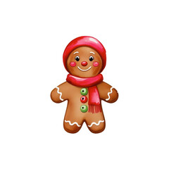 A cheerful gingerbread man wearing a red scarf and hat, decorated with colorful buttons and icing accents, perfect for holiday themes.
