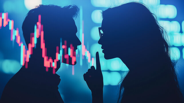 People exchanging secrets against a digital financial background, insider trading concept.