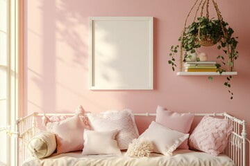 A minimalist nursery corner features an empty white frame on a soft pink wall, surrounded by plush cushions and a hanging plant shelf, creating a serene and inviting atmosphere for relaxation.