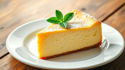 A single slice of cheesecake with a delicate dusting of powdered sugar and a garnish of fresh mint leaves, presented on a pristine white plate, resting on a rustic wooden surface.