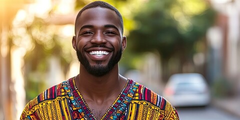Close-up portrait of a joyful African American man smiling while wearing ethnic dashiki attire outdoors against a summer street backdrop. Millennial student and youth. Copy space.