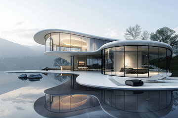 A sleek, futuristic house with curved glass walls and a floating cantilevered roof, set against a minimalistic landscape.