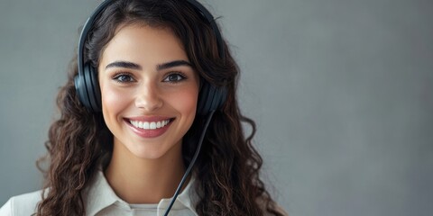 Portrait of a smiling female support phone operator wearing a headset, set against a grey background. Consulting and assistance service call center.