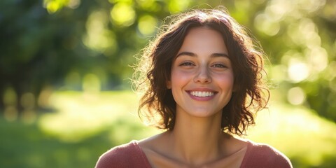 Portrait of a joyful and liberated woman set against a blurred green backdrop of a park or forest. The background includes copy space for text or lettering.
