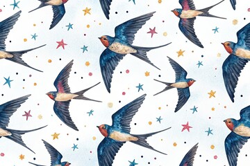 Watercolor Swallow Seamless Pattern Night Photography Print