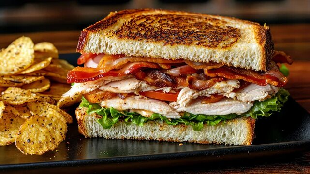 Toasted chicken and bacon club sandwich appearing