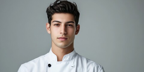 Portrait of a young individual in a white chef suit posing against a gray background, providing copy space for advertising.