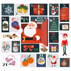Winter cute calendar in vector flat style. Christmas and New Year advent calendar. Countdown holiday calendar. Cute doodle winter stickers, snowmen, Christmas tree, gifts, Santa Claus, elf