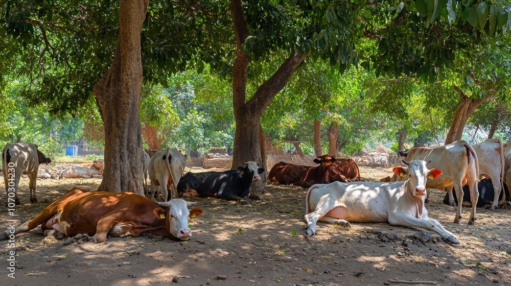 Poster a herd of cows resting in the shade of a tree on a sunny day.