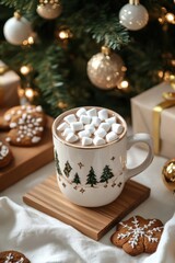  a mug of hot chocolate with marshmallows on top, surrounded by Christmas decorations and presents in the background. 