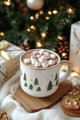 a mug of hot chocolate with marshmallows on top, surrounded by Christmas decorations and presents in the background. 