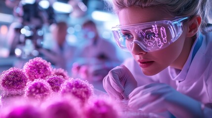 A diligent scientist examines intricate molecular structures using advanced equipment in a futuristic laboratory, epitomizing innovation and scientific exploration.