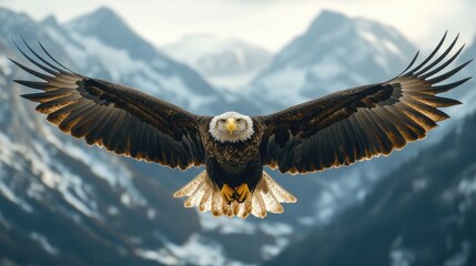 Majestic bald eagle soaring over snowy mountain peaks at dusk, showcasing its powerful wingspan and striking plumage against a breathtaking landscape