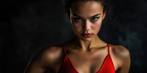 Obraz premium Young woman - female dancer in red with an intense expression set against a black wall, portrait.