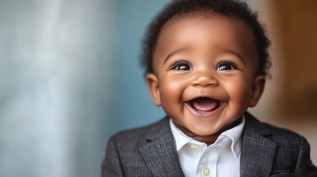 Smiling baby boy in a suit with curly hair, radiating joy and happiness in a bright and cheerful setting - Powered by Adobe