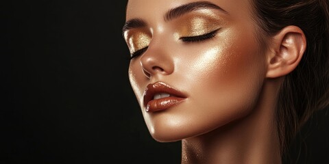 Ideal Model Woman on Dark Background. Radiant Skin and Golden Eye Shadow Makeup