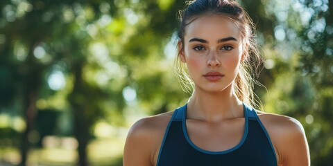 Fototapeta premium Portrait of a young woman in athletic wear working out in a park. Healthy concept, copyspace.