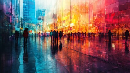 Silhouettes of people walking in front of a colorful city reflection in a glass wall.