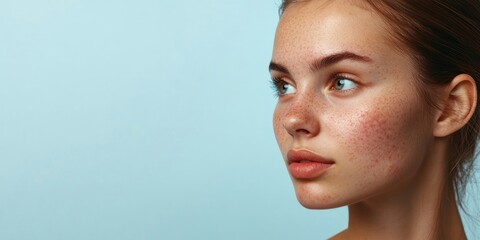 Fototapeta premium Young woman with acne issues on a light blue background. Area for text.