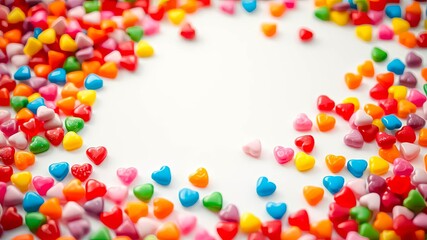 Obraz premium A vibrant border of colorful heart-shaped candies encircling a white background, symbolizing love and sweetness.