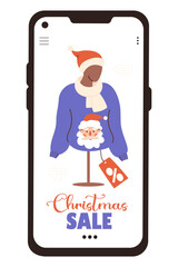 Christmas Sale in smartphone. Online Shopping. New Year Mannequin in Santa hat and Xmas ugly sweater with portrait Claus with price tag on screen in phone. Vector illustration. Holiday virtual store