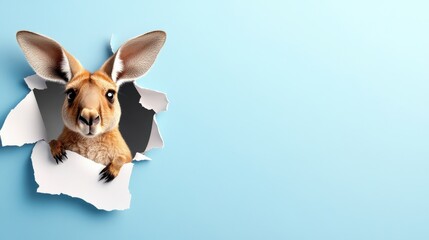  kangaroo poking his head out of a torn hole in the side of the paper, isolated