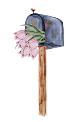 Mailbox watercolor. Vintage blue letter container on a wooden stand with with tulips. Isolated clip art on white background. Ideal for postcards for Postal Day, Postal Worker