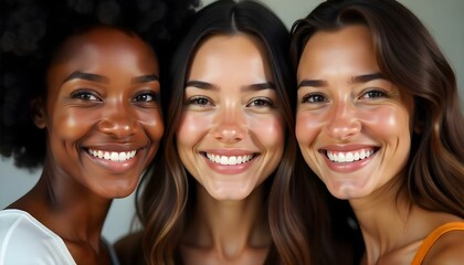 Fototapeta premium Three diverse women friends smiling portrait