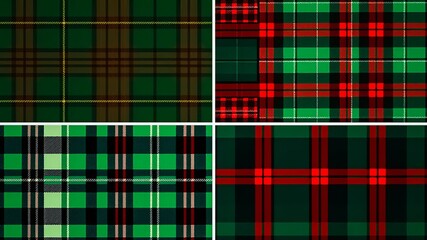 Obraz premium A vibrant collection of four unique plaid patterns featuring bold green, red, black and yellow color combinations.
