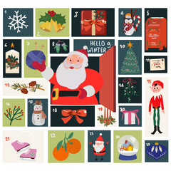 Winter cute calendar in vector flat style. Christmas and New Year advent calendar. Countdown holiday calendar. Cute doodle winter stickers, snowmen, Christmas tree, gifts, Santa Claus, elf