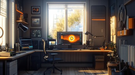 Minimalist Streaming Studio with Natural Light and Lush Greenery, Featuring High-Quality Camera, Ring Light, and Microphone for a Modern Content Creation Workspace