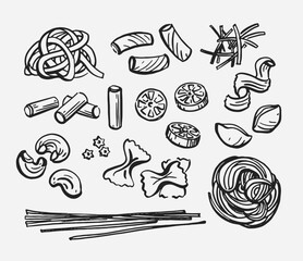 Traditional Italian pasta vector drawing. Free hand loose style sketch of various type of pasta. Mediterranean food set