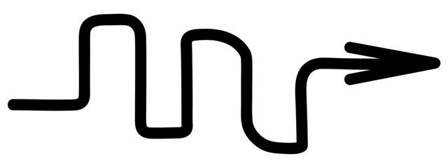 Arrow. Sketch. Black curved arrow pointing to the right. Hand drawn sign. Vector illustration. Outline on isolated white background. Doodle style. Idea for web design.