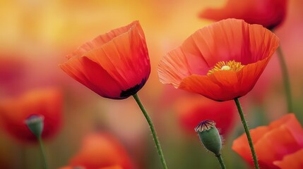 Fototapeta premium Bright red poppy flowers bloom amid a vibrant background filled with soft hues in a serene garden setting during springtime