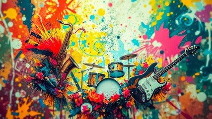 A vibrant explosion of musical instruments surrounded by colorful abstract art splashes, showcasing the power and energy of music.