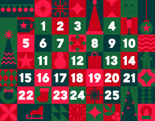 Advent calendar vector illustration. Printable advent calendar or Christmas poster