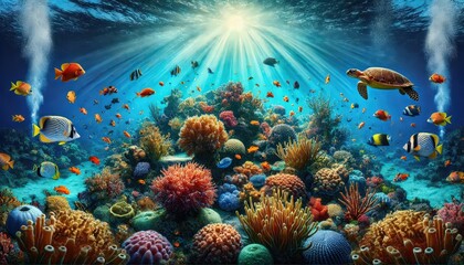 Obraz premium 太陽の光に照らされたサンゴ礁のある海中シーン。色とりどりの魚やウミガメが生息しており、活気と刺激に満ちた環境が広がっています。トーンはエネルギーと活力に満ち、海の表面下に隠された美しさを表現しています。